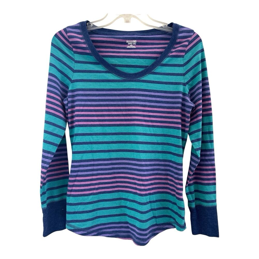 Vintage 90s Mossimo Striped Long Sleeve Top Womens Medium Teal Purple Blue